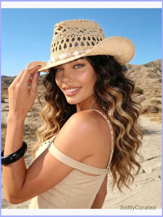 Straw Cowboy Hat with Interchangeable Bands, Wide Brim, Adjustable